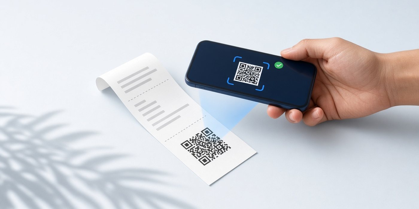 Hand holding a smartphone over a thermal POS receipt, scanning its QR code with a green check confirming it